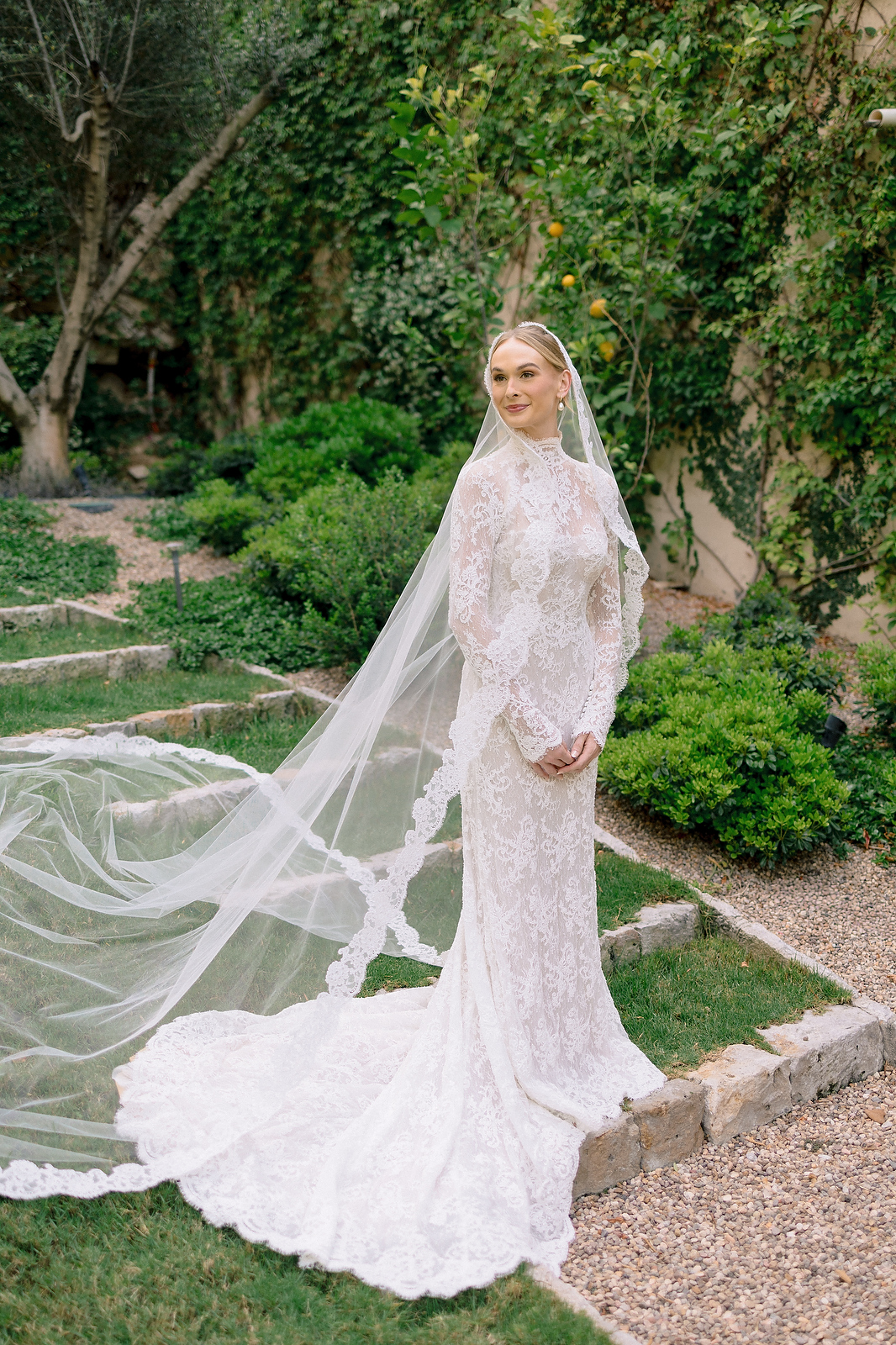 Bride full length portrait in garden with cathedral veil at San Miguel de Allende