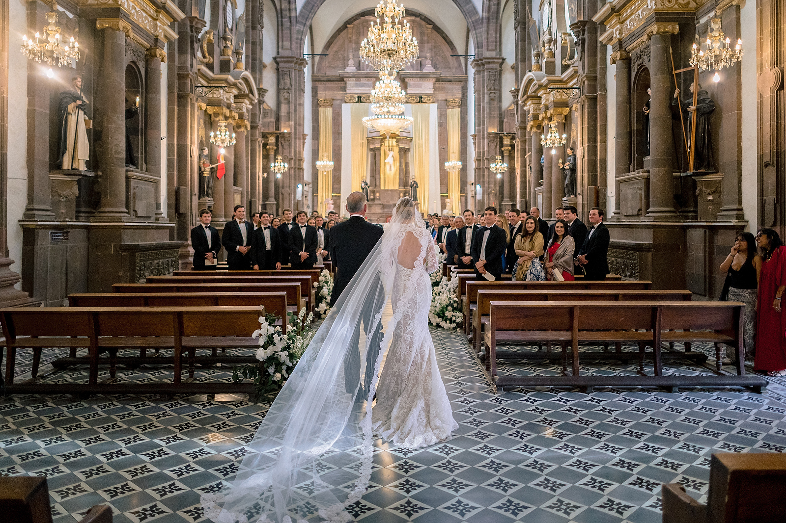Bride walking down the aisle at church ceremony in San Miguel de Allende