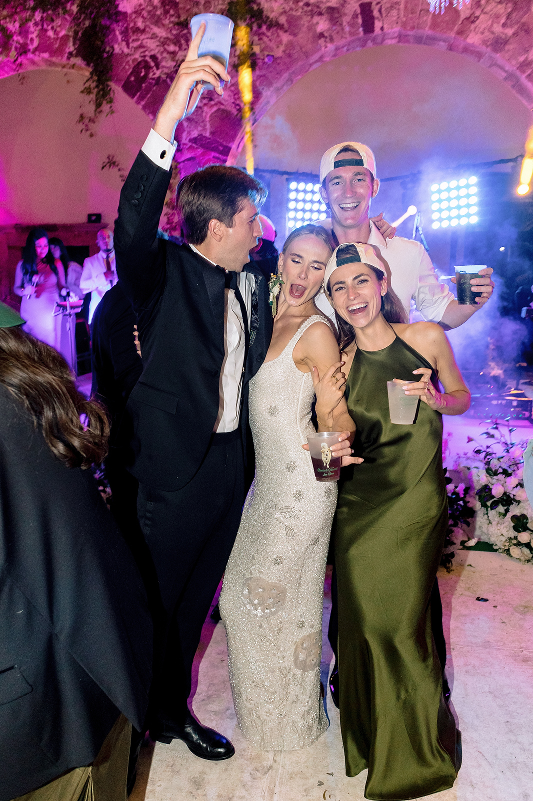 Chloe and Jett celebrating with friends on the dance floor at San Miguel de Allende wedding