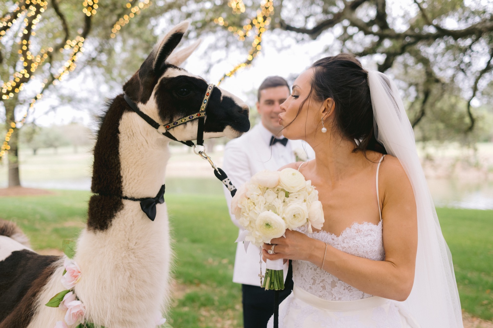 Bride and groom at outdoor Texas ranch wedding celebration