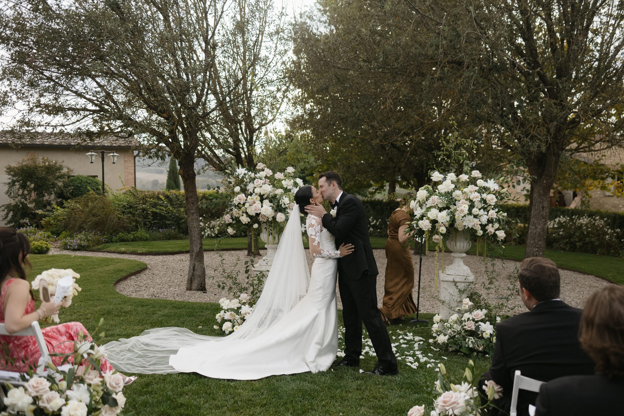 First kiss at Tuscany destination wedding