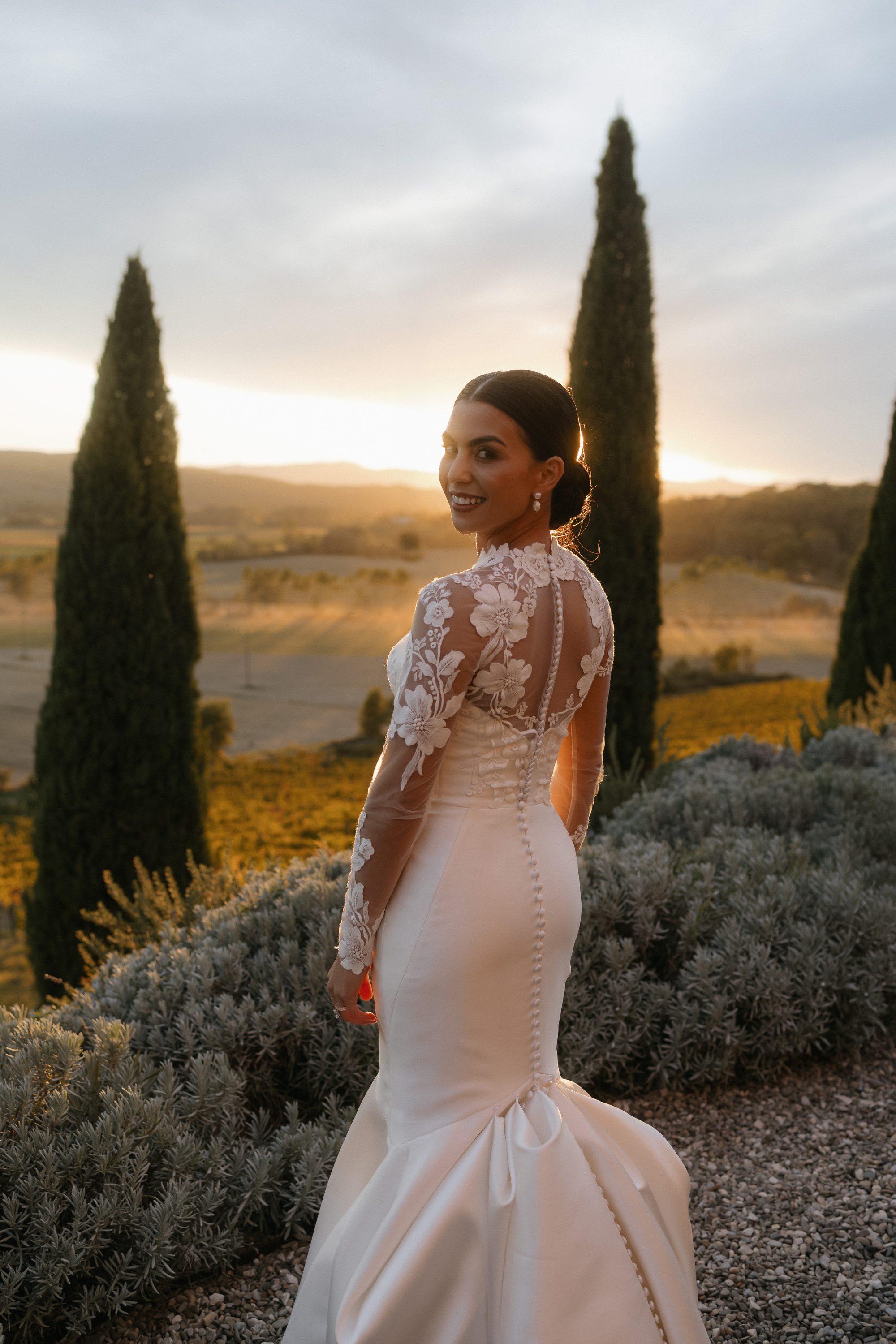 Bride at golden hour in Tuscany
