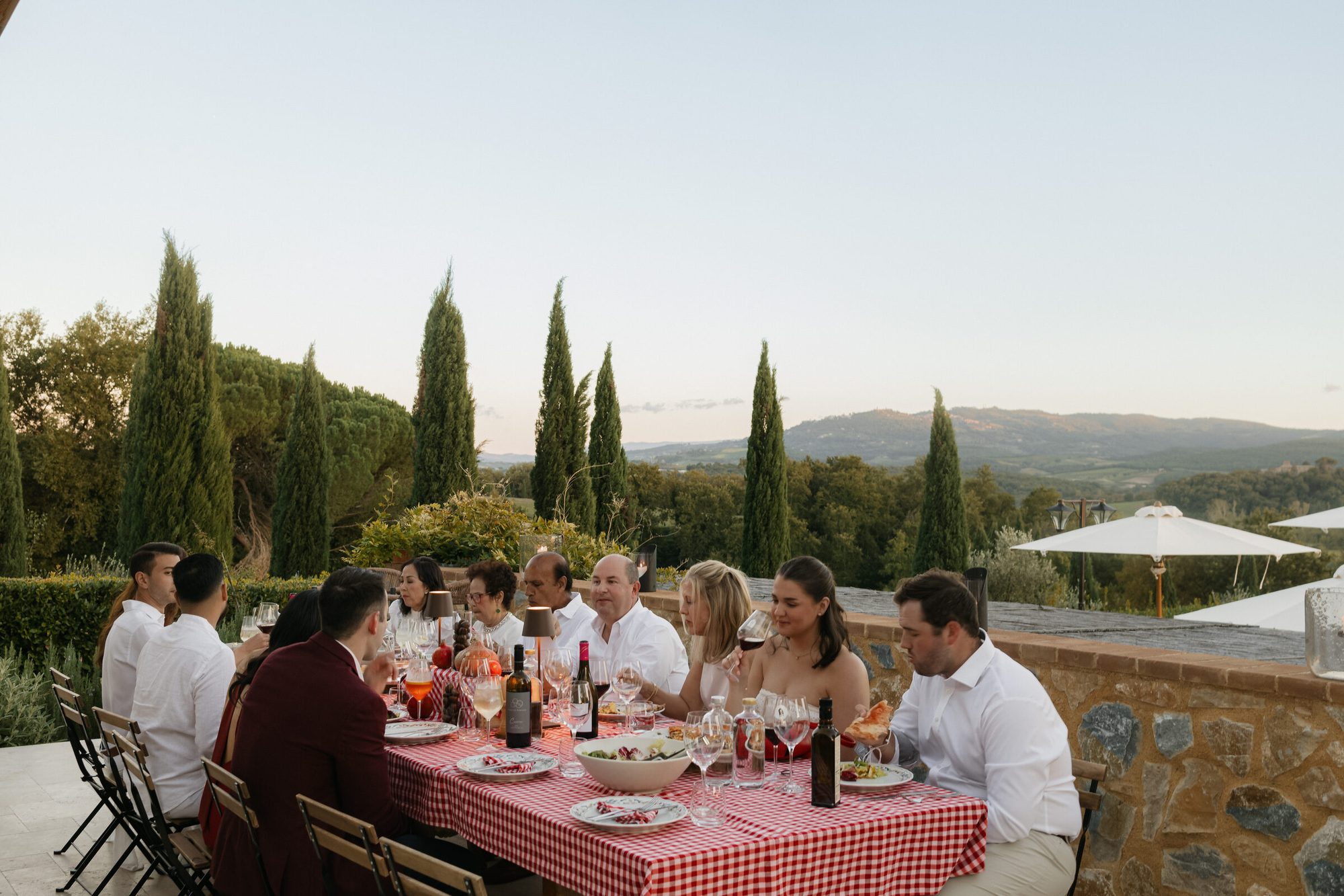 Pizza dinner welcome event at Ombroneta Villa Tuscany Italy destination wedding